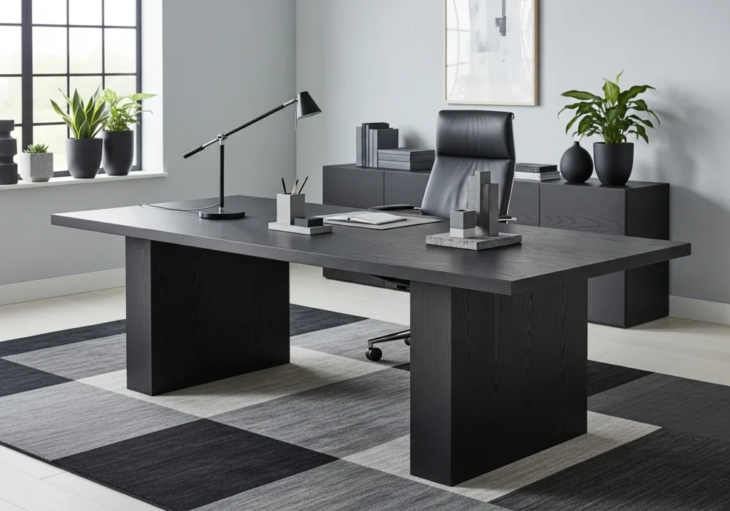 modern home office setup with stylish home office decor, cozy lighting, plants, minimal desk, aesthetic home office workspace for productivity