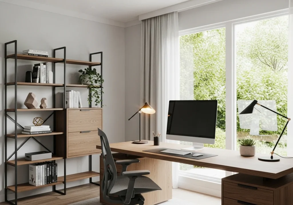 modern home office setup with stylish home office decor, cozy lighting, plants, minimal desk, aesthetic home office workspace for productivity