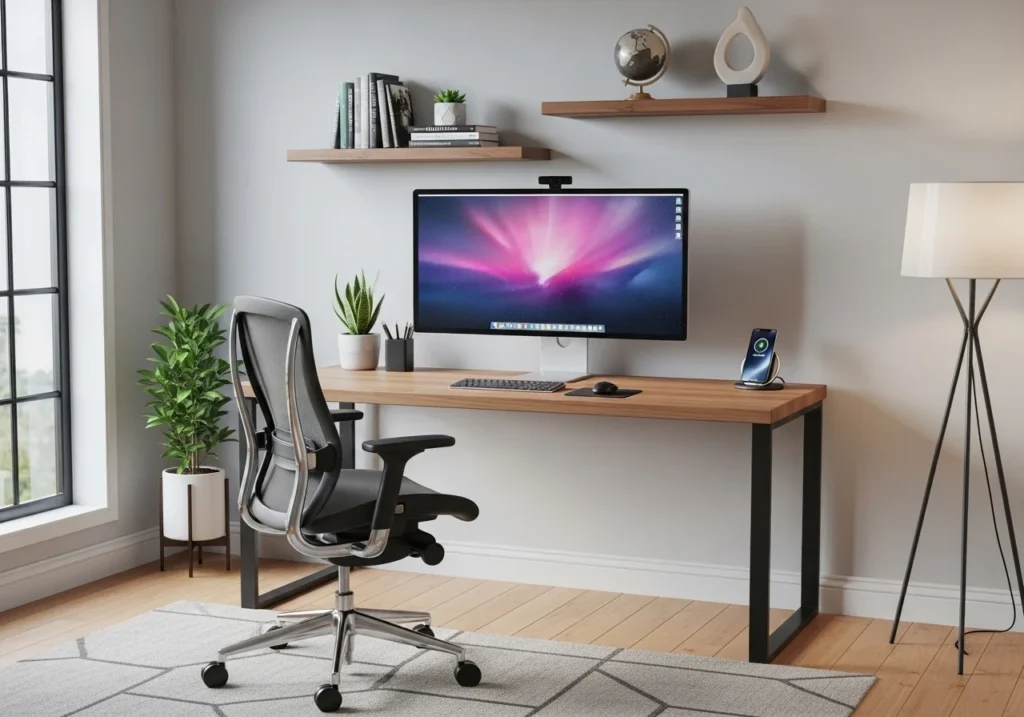 Home Office Setup with modern desk, ergonomic chair, stylish decor, shelves, and natural lighting for a productive and aesthetic workspace