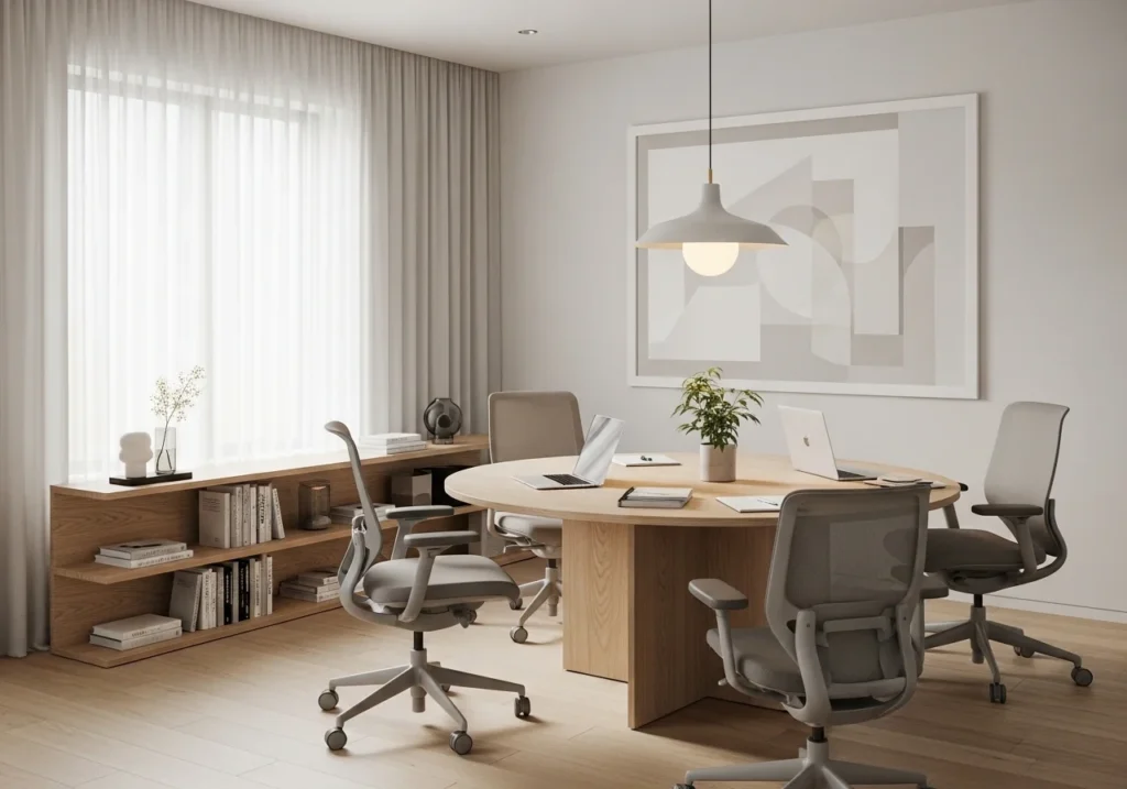 modern home office setup with stylish home office decor, cozy lighting, plants, minimal desk, aesthetic home office workspace for productivity