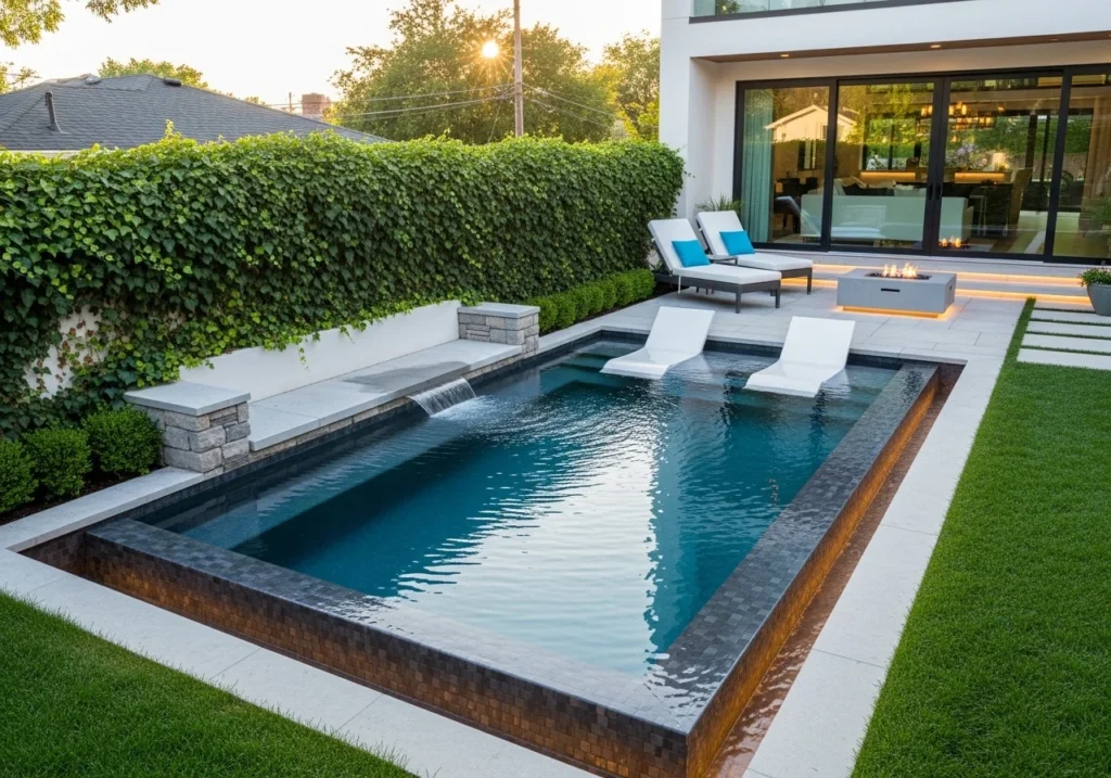 Small pool ideas for home with compact backyard pool design, modern landscaping, cozy seating, and stylish space-saving outdoor layout