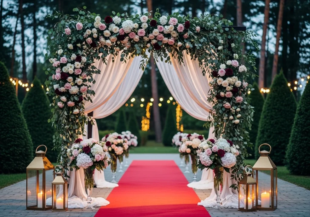 Beautiful wedding decoration with floral arrangements, elegant lighting, and stylish table setup in a romantic venue setting