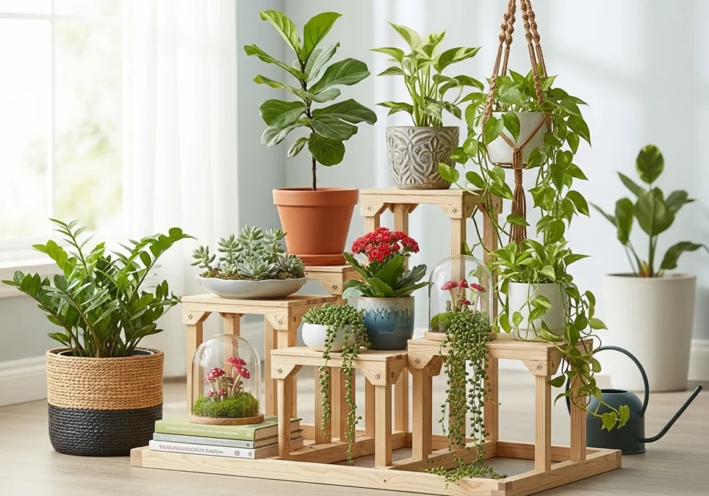 Indoor plants on shelves for cozy green look