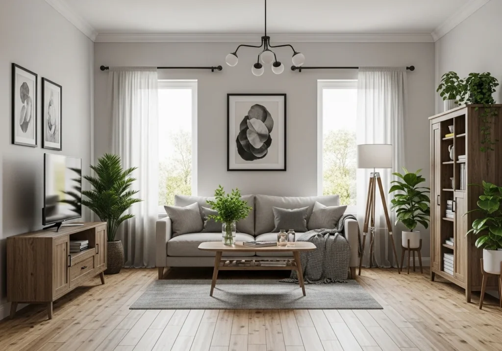 Indoor plants decorating cozy living room space
