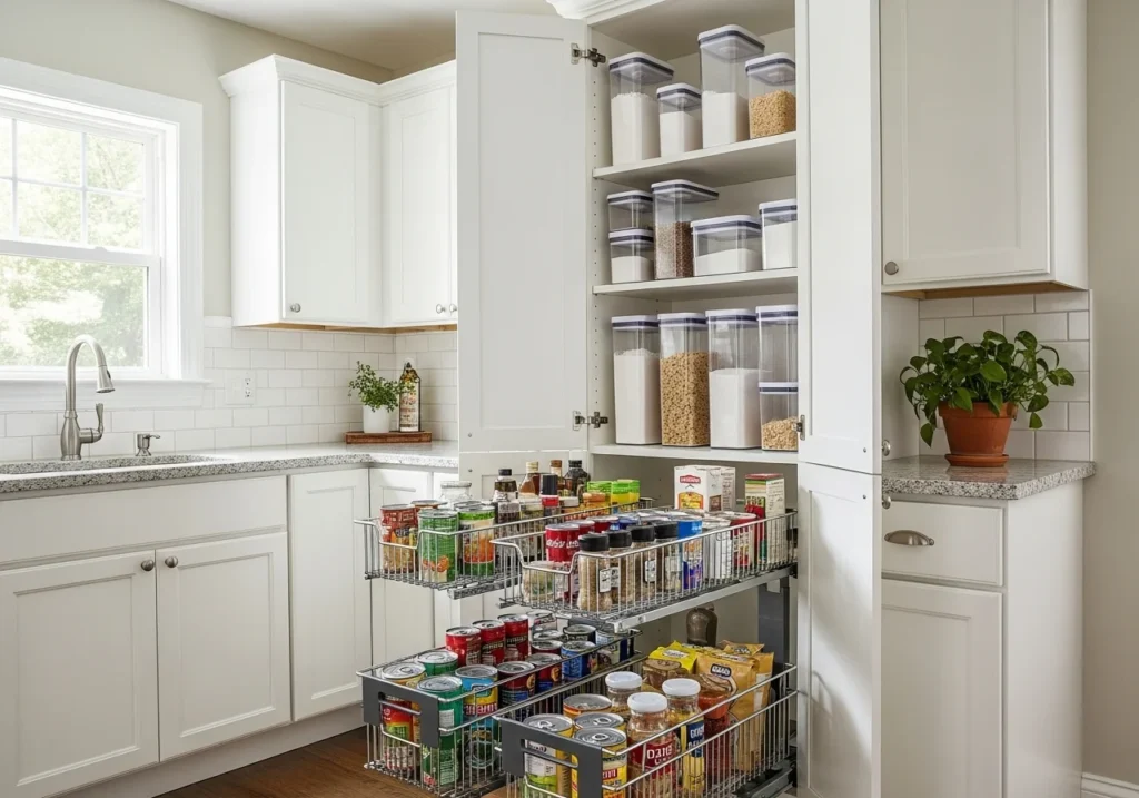 Modern small kitchen with smart cabinet storage and organizers