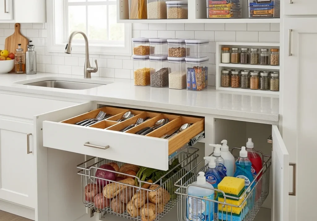Small kitchen storage hacks with under-sink organizers and shelves