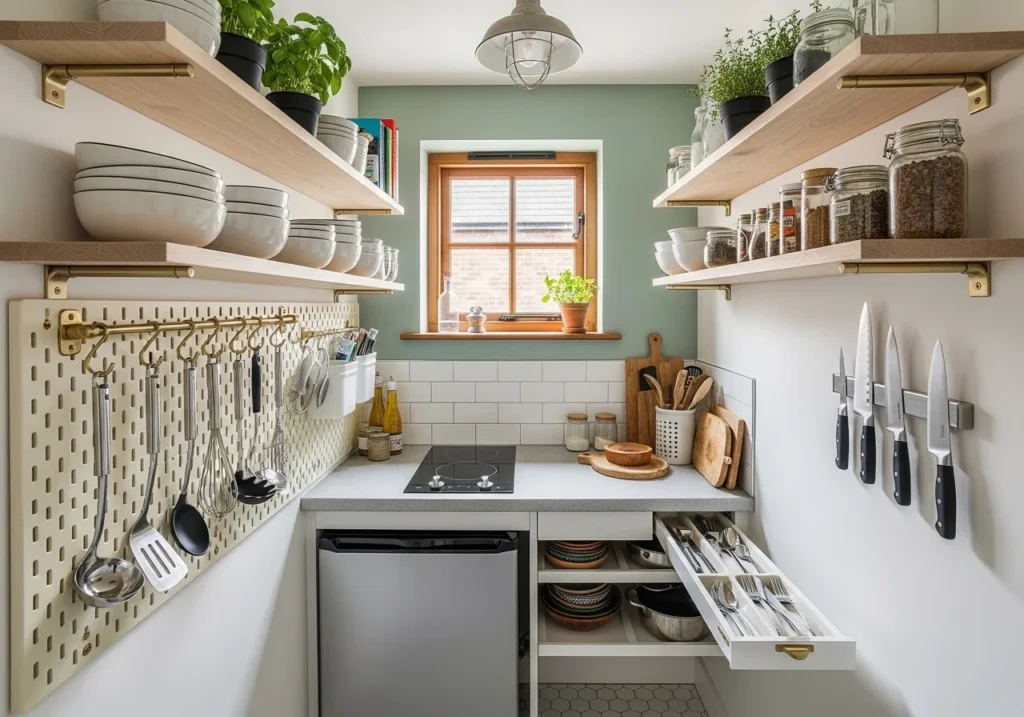 Small kitchen storage hacks with  modern organizers and shelves