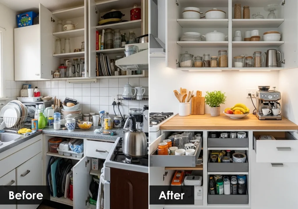 Small kitchen renovation before and after with modern storage and clean setup