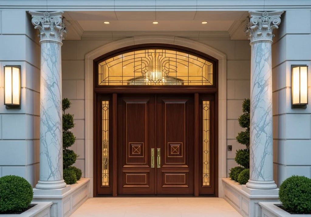 Luxury front door with gold accents and modern architectural entrance