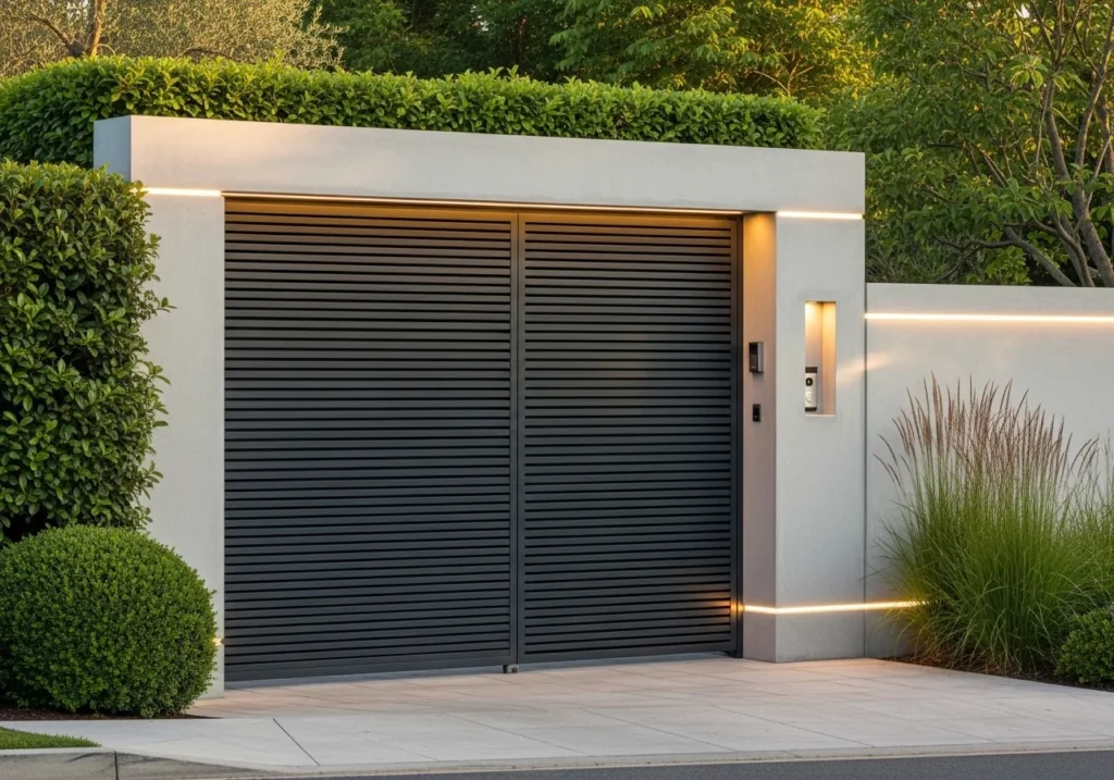 Modern gate design ideas with wooden and steel gate for home entrance