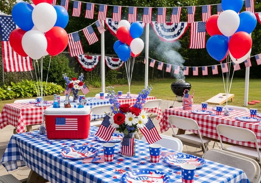 Memorial Day weekend celebration scene with patriotic red white and blue decorations, outdoor activities, travel essentials, and summer holiday lifestyle concept for 2026 guide