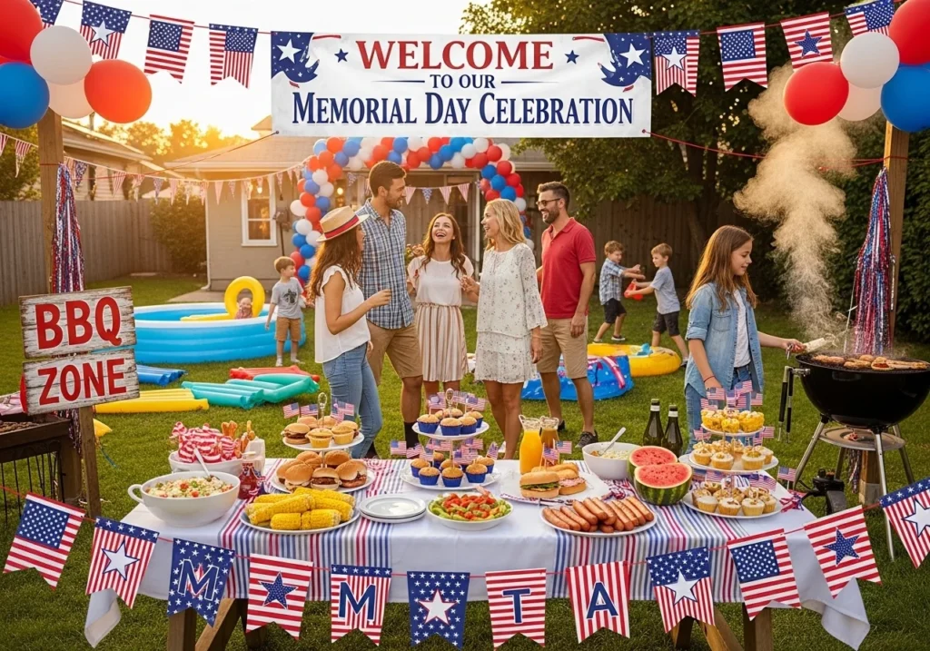 Memorial Day weekend celebration scene with patriotic red white and blue decorations, outdoor activities, travel essentials, and summer holiday lifestyle concept for 2026 guide