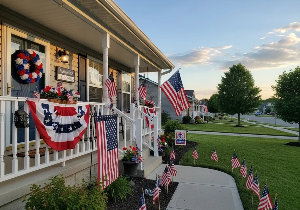 Memorial Day weekend celebration scene with patriotic red white and blue decorations, outdoor activities, travel essentials, and summer holiday lifestyle concept for 2026 guide