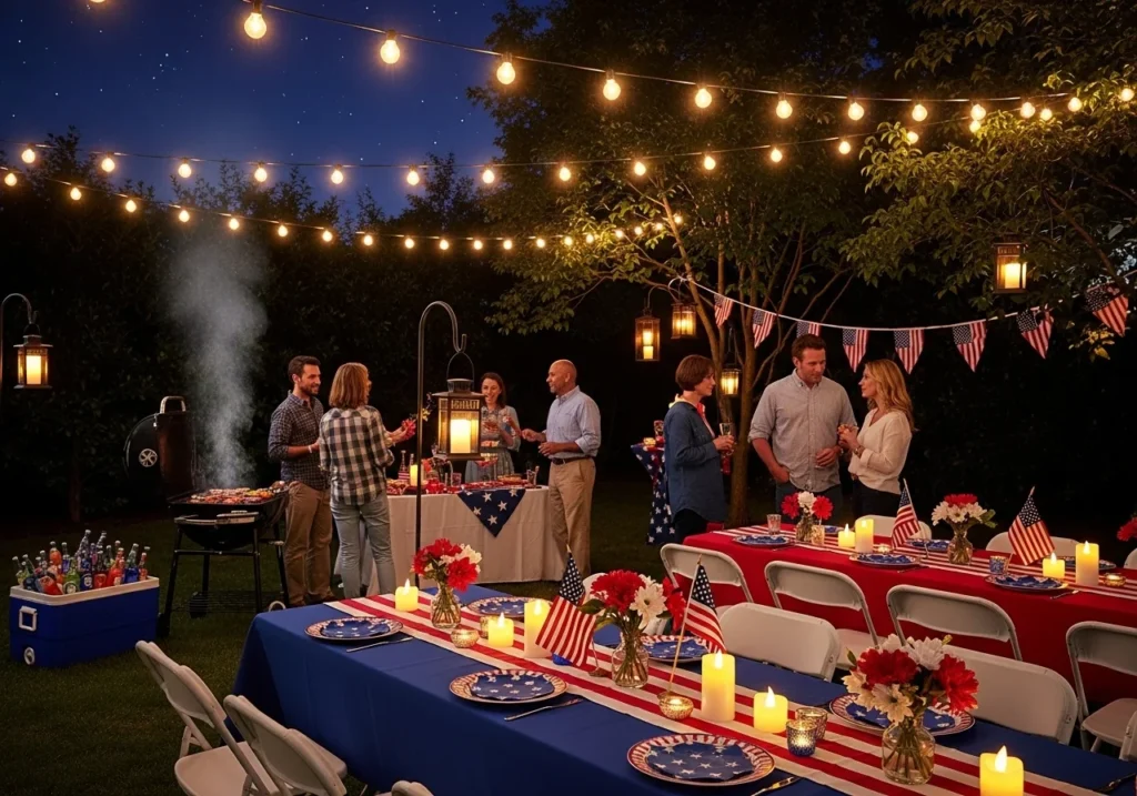 Memorial Day weekend celebration scene with patriotic red white and blue decorations, outdoor activities, travel essentials, and summer holiday lifestyle concept for 2026 guide