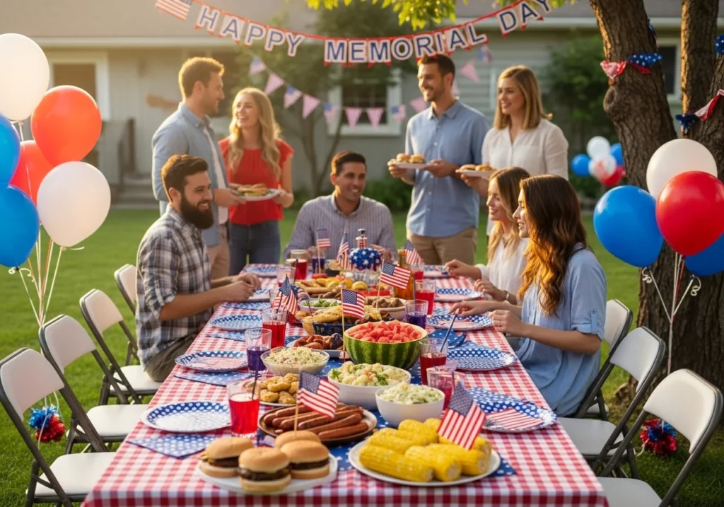 Memorial Day weekend celebration scene with patriotic red white and blue decorations, outdoor activities, travel essentials, and summer holiday lifestyle concept for 2026 guide