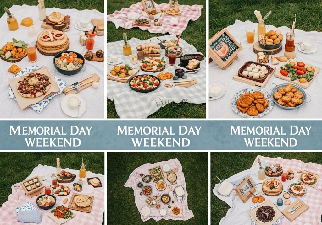 Memorial Day weekend celebration scene with patriotic red white and blue decorations, outdoor activities, travel essentials, and summer holiday lifestyle concept for 2026 guide