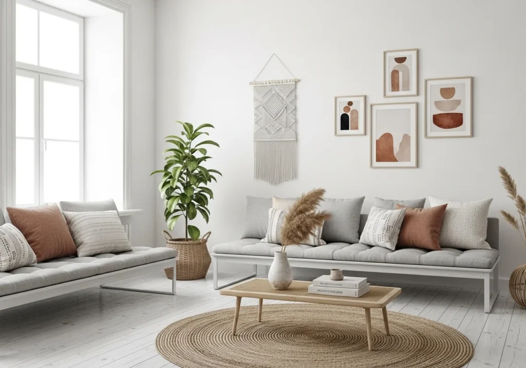 macrame wall decor in living room