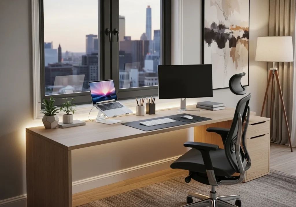 Home Office Setup with modern desk, ergonomic chair, stylish decor, shelves, and natural lighting for a productive and aesthetic workspace
