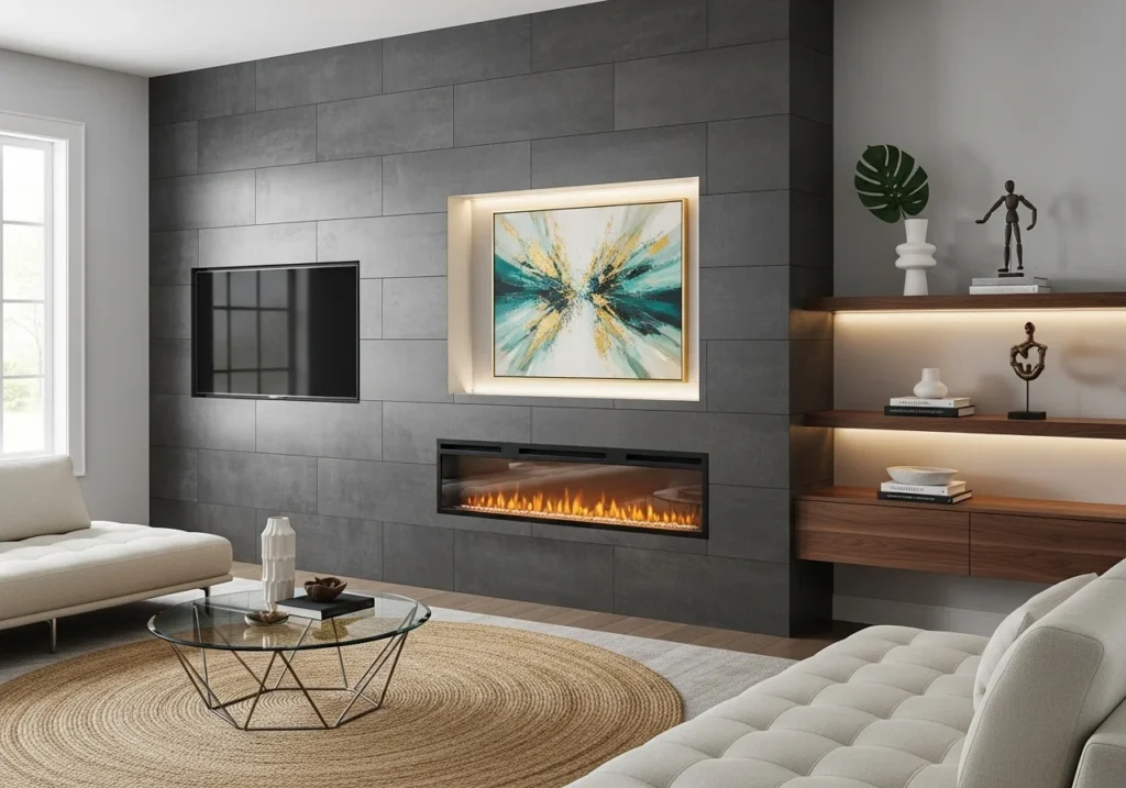 Modern living room with feature wall ideas including textured panels, bold colors, and stylish decor creating a stunning focal point