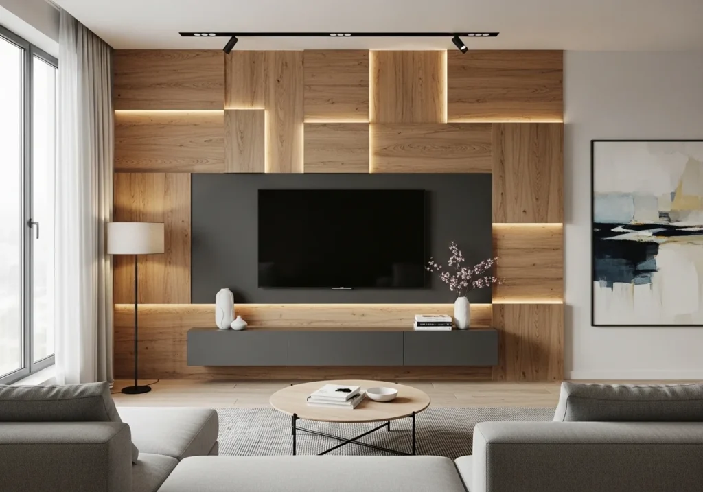 Modern living room featuring stylish wall panel design ideas with elegant textures, neutral tones, and contemporary home decor inspiration
