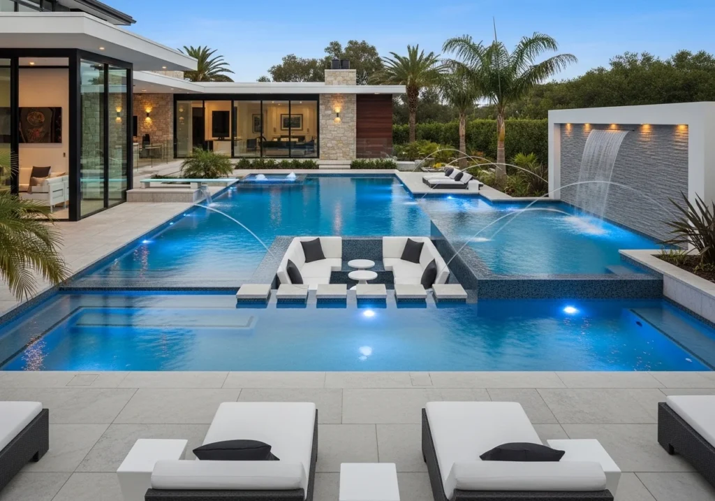 Small pool ideas for home with compact backyard pool design, modern landscaping, cozy seating, and stylish space-saving outdoor layout