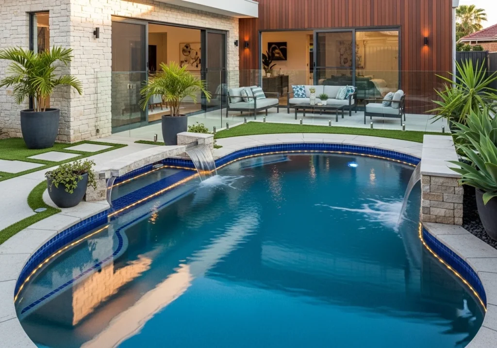 Small pool ideas for home with compact backyard pool design, modern landscaping, cozy seating, and stylish space-saving outdoor layout