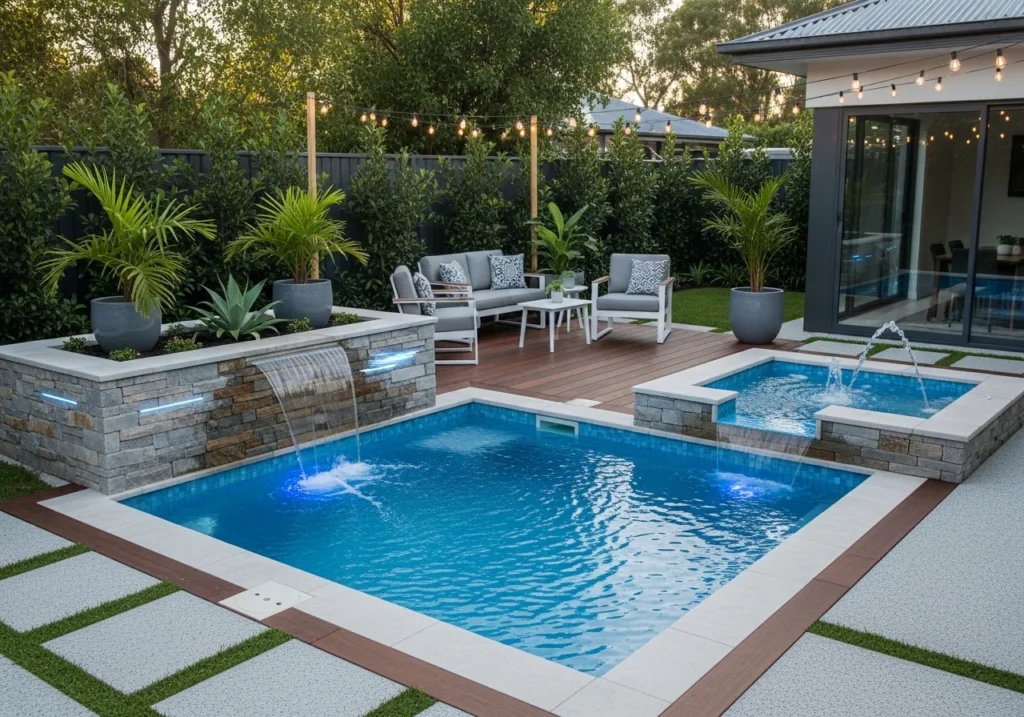 Small pool ideas for home with compact backyard pool design, modern landscaping, cozy seating, and stylish space-saving outdoor layout