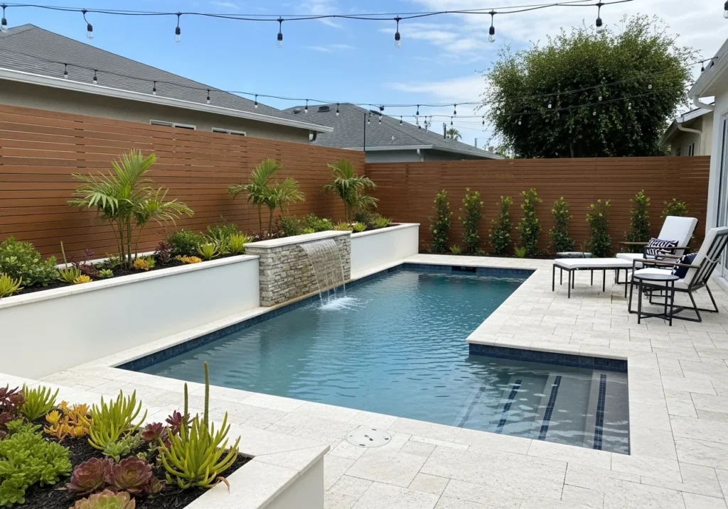 Small pool ideas for home with compact backyard pool design, modern landscaping, cozy seating, and stylish space-saving outdoor layout