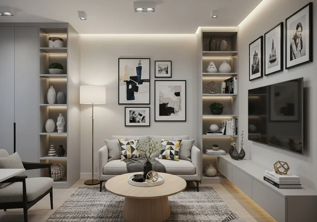 Modern studio apartment layout with space-saving furniture, cozy seating, smart storage solutions, and stylish small space decor design