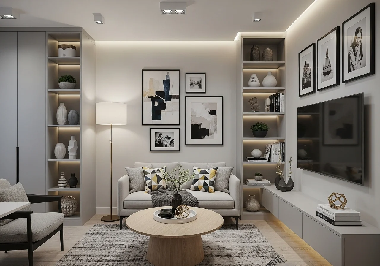 Modern studio apartment layout with space-saving furniture, cozy seating, smart storage solutions, and stylish small space decor design