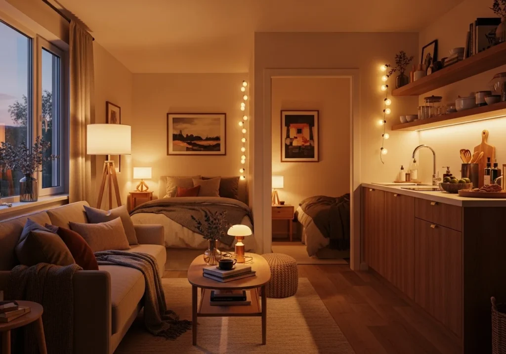 Modern studio apartment layout with space-saving furniture, cozy seating, smart storage solutions, and stylish small space decor design