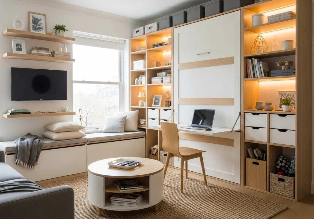 Modern studio apartment layout with space-saving furniture, cozy seating, smart storage solutions, and stylish small space decor design