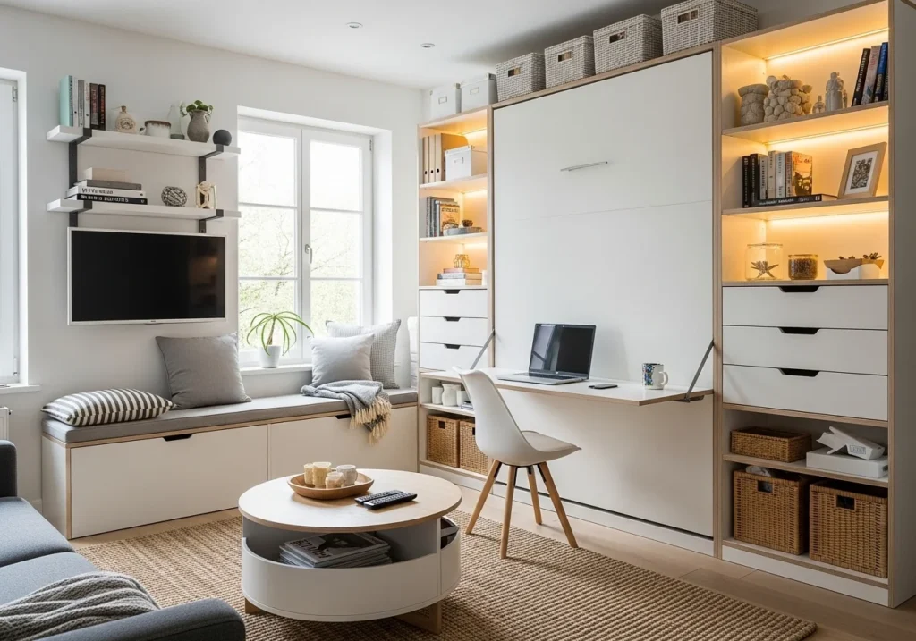 Modern studio apartment layout with space-saving furniture, cozy seating, smart storage solutions, and stylish small space decor design
