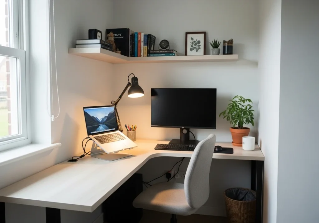 Home Office Setup with modern desk, ergonomic chair, stylish decor, shelves, and natural lighting for a productive and aesthetic workspace