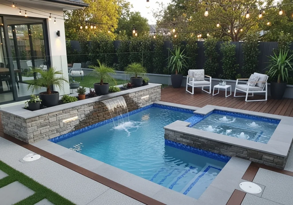 Small pool ideas for home with compact backyard pool design, modern landscaping, cozy seating, and stylish space-saving outdoor layout