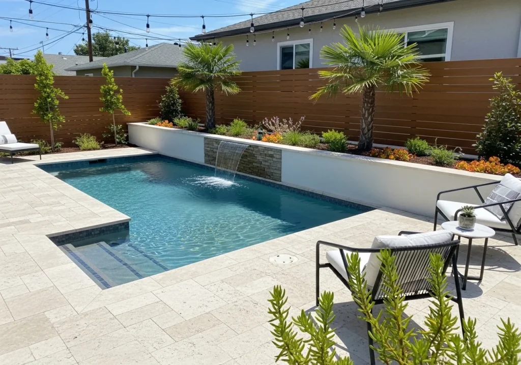 Small pool ideas for home with compact backyard pool design, modern landscaping, cozy seating, and stylish space-saving outdoor layout