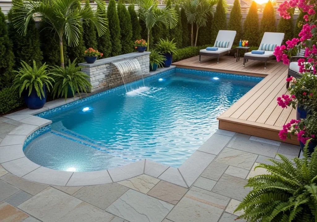 Small pool ideas for home with compact backyard pool design, modern landscaping, cozy seating, and stylish space-saving outdoor layout