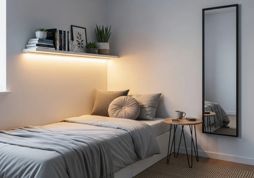 Modern studio apartment layout with space-saving furniture, cozy seating, smart storage solutions, and stylish small space decor design