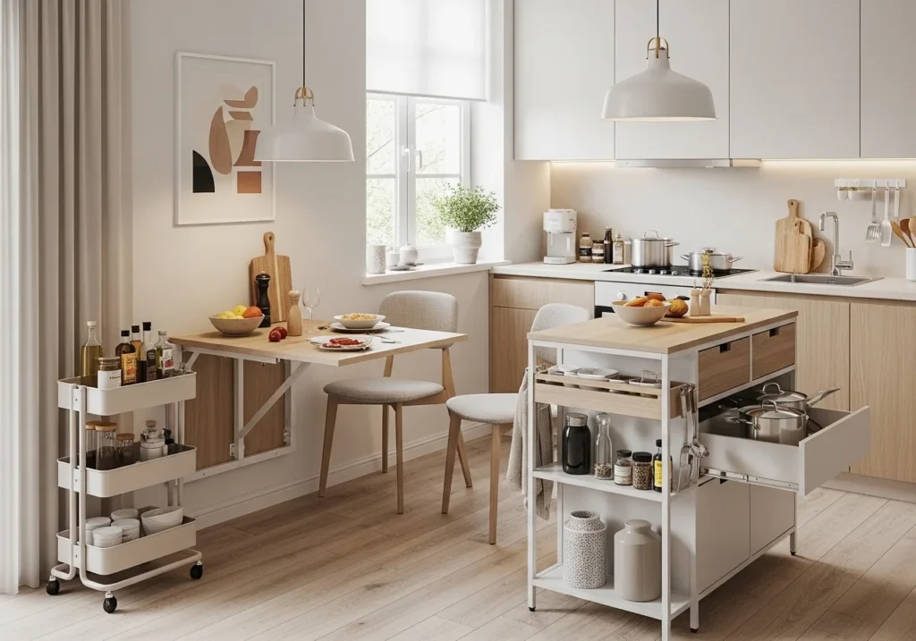 Small kitchen with foldable table, rolling cart, and space-saving furniture for compact living
