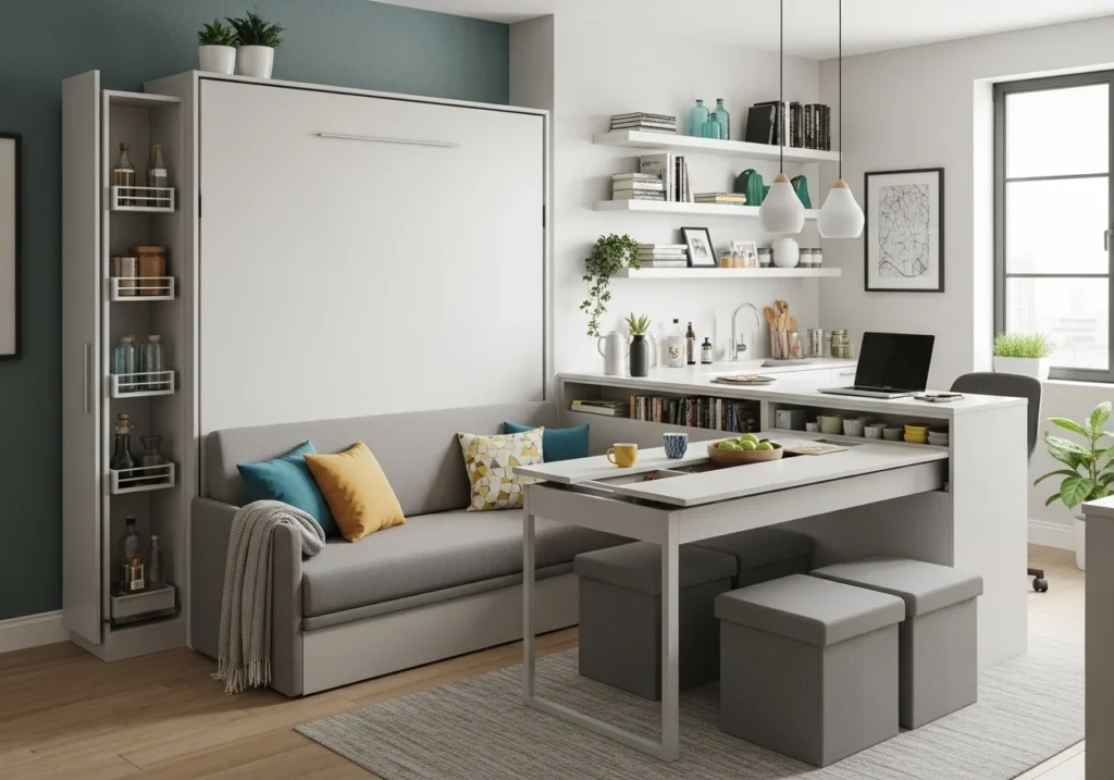 Modern studio apartment layout with space-saving furniture, cozy seating, smart storage solutions, and stylish small space decor design