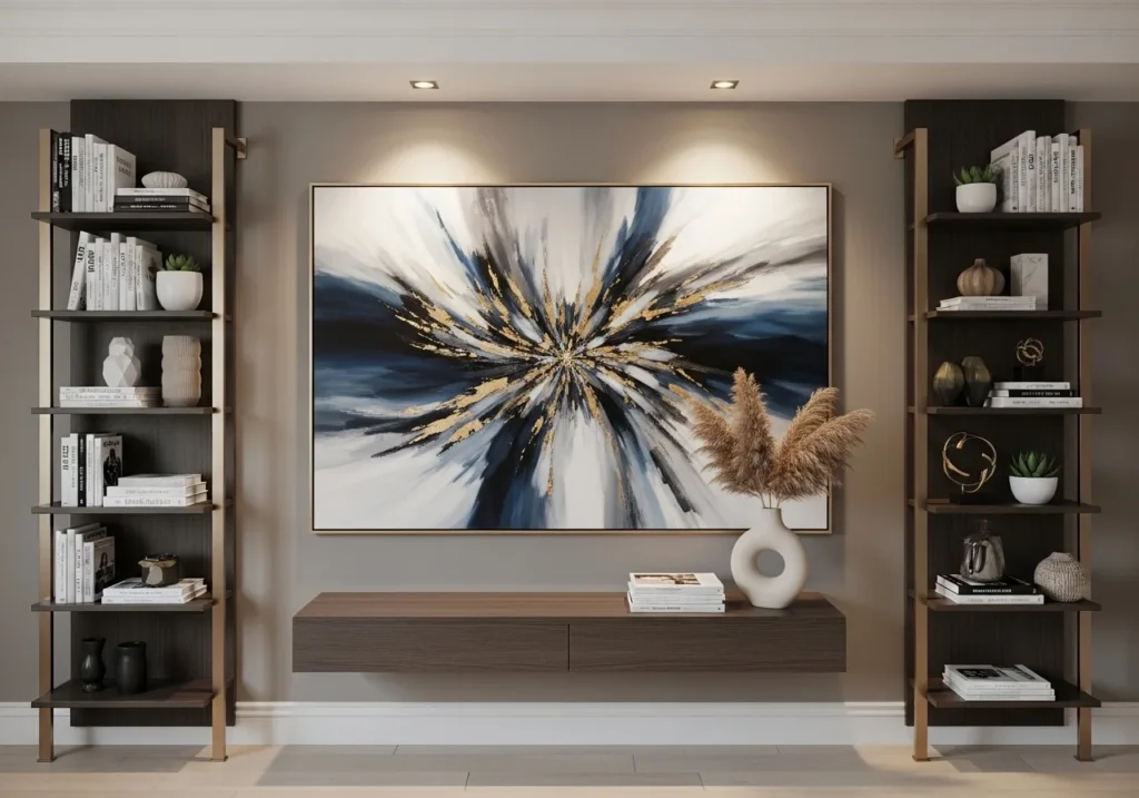 Modern living room with feature wall ideas including textured panels, bold colors, and stylish decor creating a stunning focal point
