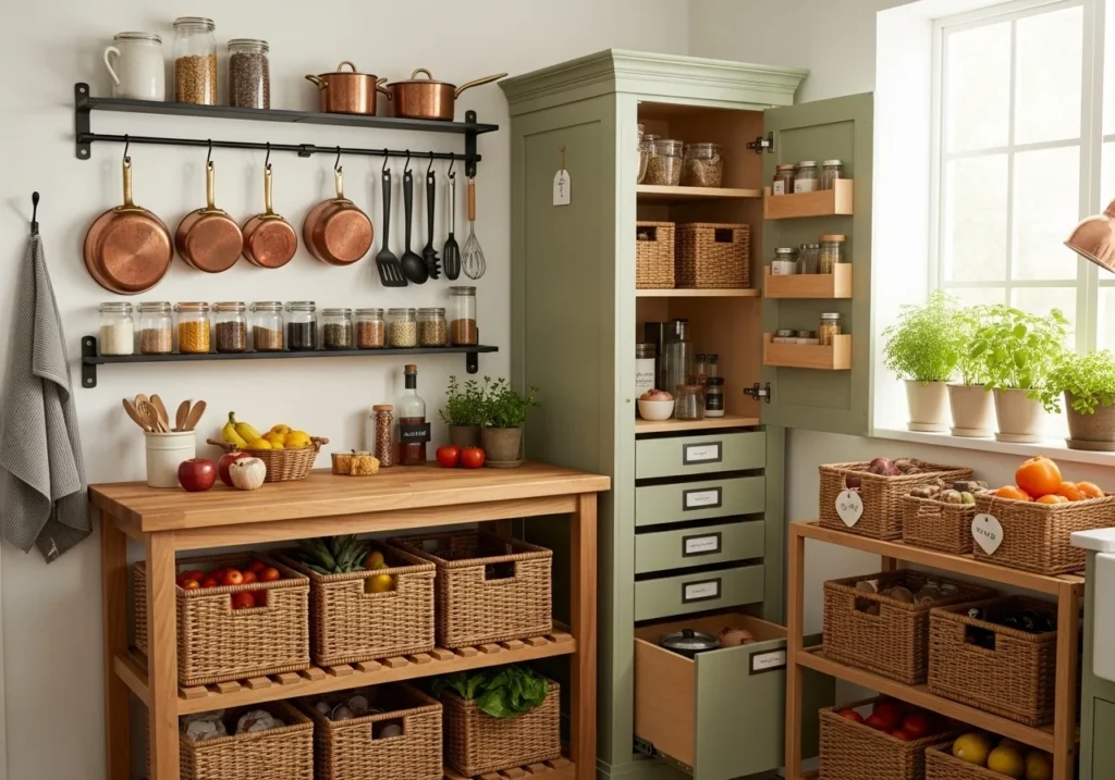 Stylish small kitchen storage setup with baskets and racks