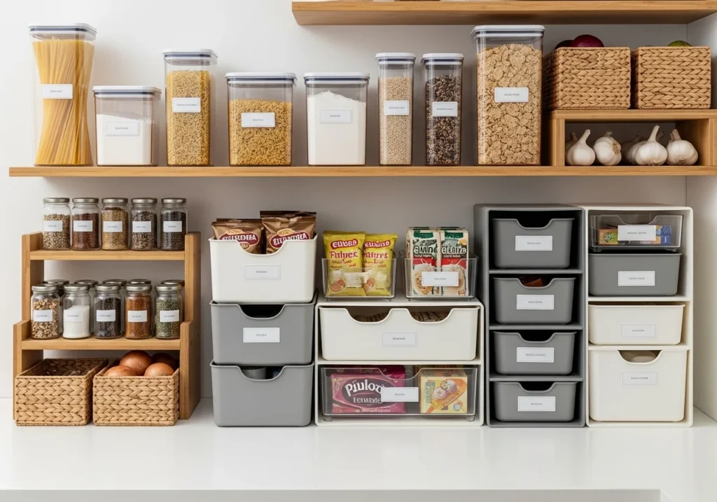 Small kitchen storage ideas with wall shelves and hanging organizers