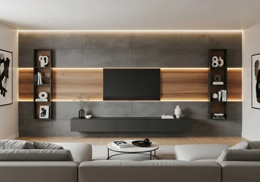 Modern living room with feature wall ideas including textured panels, bold colors, and stylish decor creating a stunning focal point