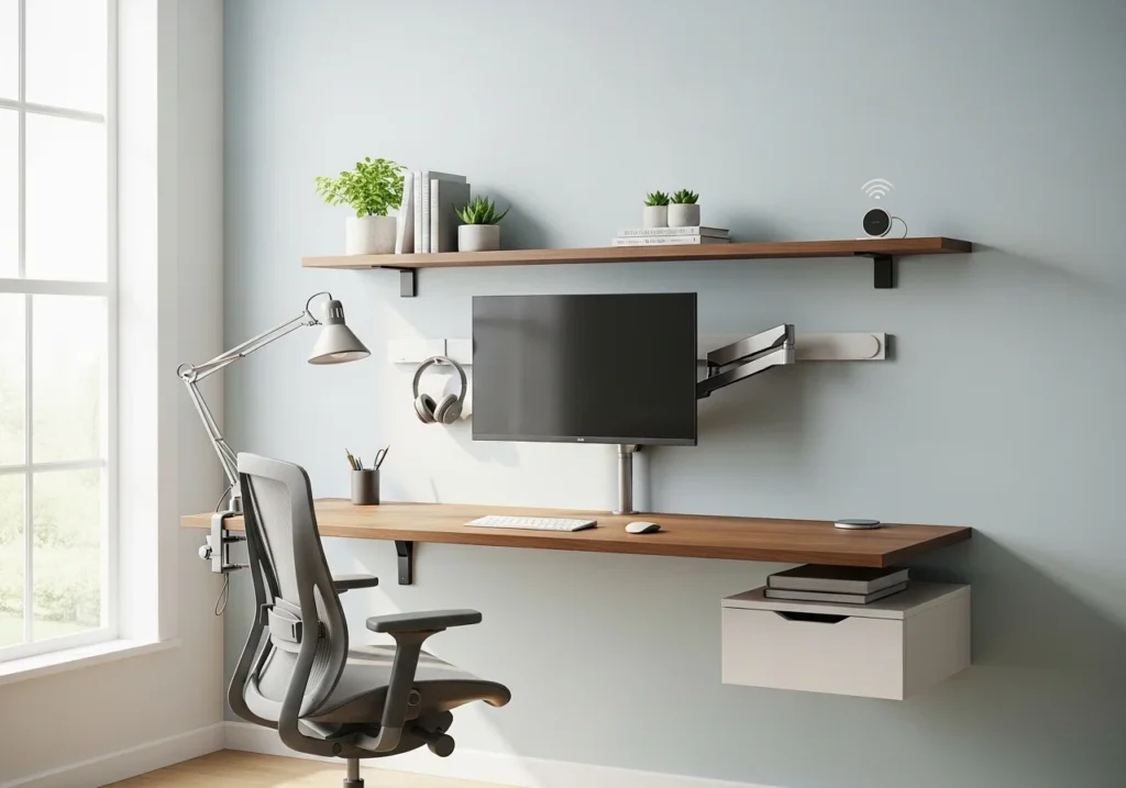 Home Office Setup with modern desk, ergonomic chair, stylish decor, shelves, and natural lighting for a productive and aesthetic workspace