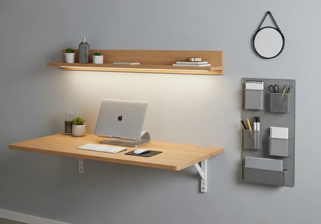 Home Office Setup with modern desk, ergonomic chair, stylish decor, shelves, and natural lighting for a productive and aesthetic workspace
