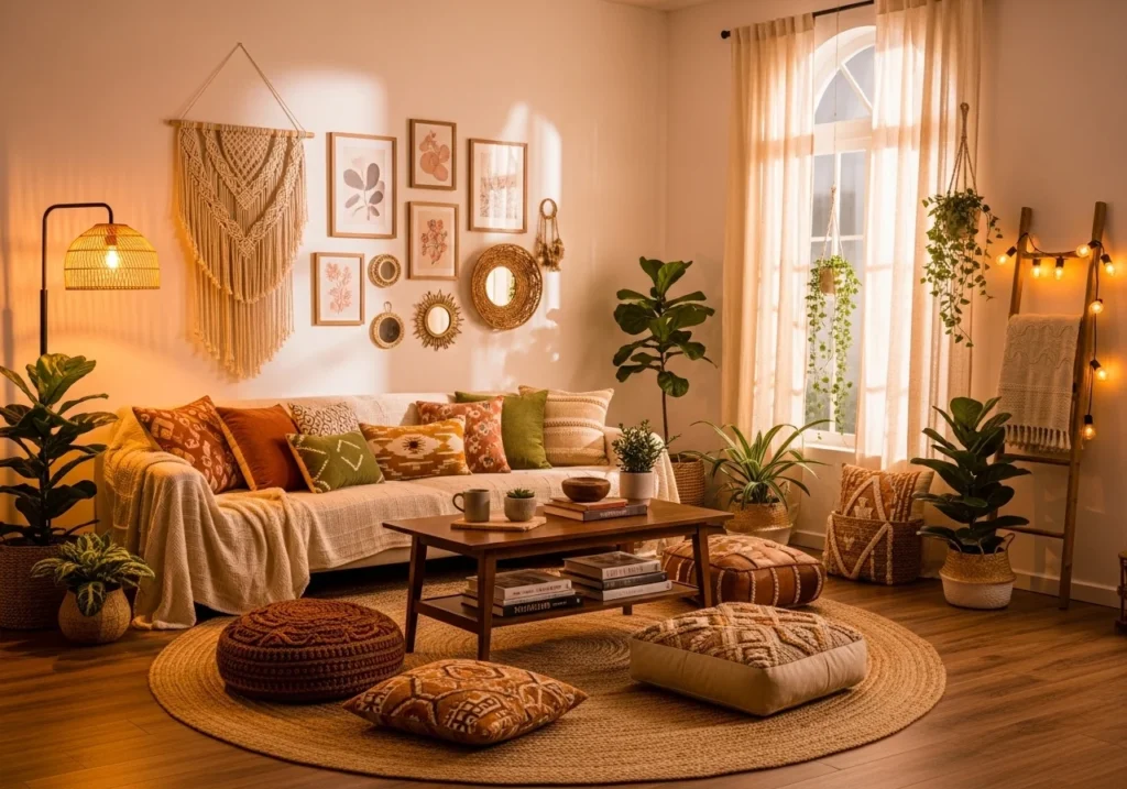 warm lighting boho living room