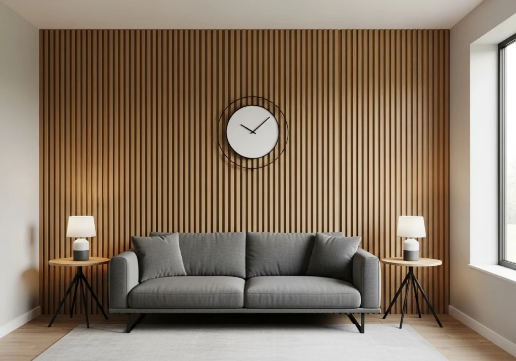 Modern living room with feature wall ideas including textured panels, bold colors, and stylish decor creating a stunning focal point