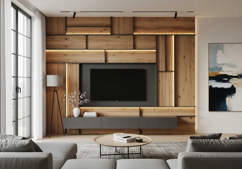 Modern living room featuring stylish wall panel design ideas with elegant textures, neutral tones, and contemporary home decor inspiration
