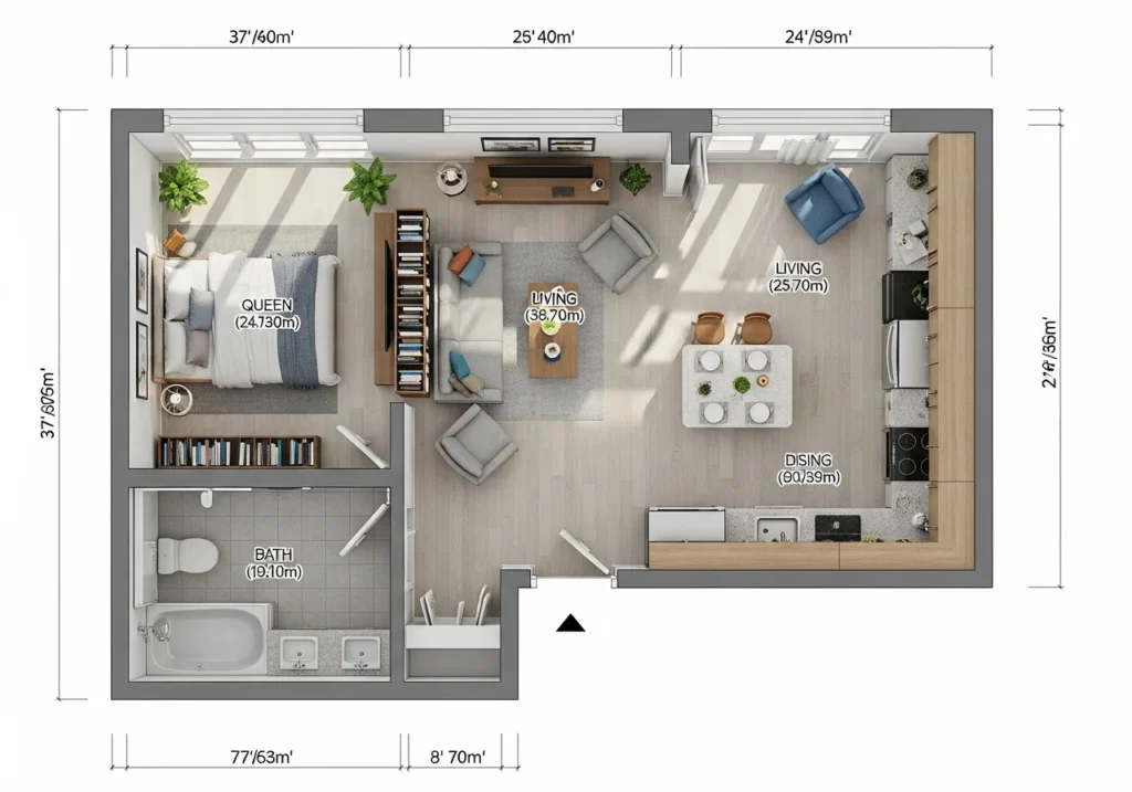 Modern studio apartment layout with space-saving furniture, cozy seating, smart storage solutions, and stylish small space decor design